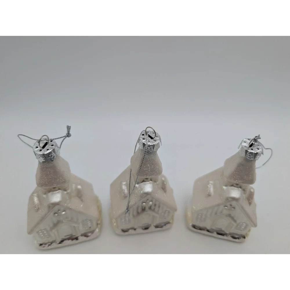 Glass Church Chapel Christmas Ornaments Silver White Lot of 3 4 Inch‎